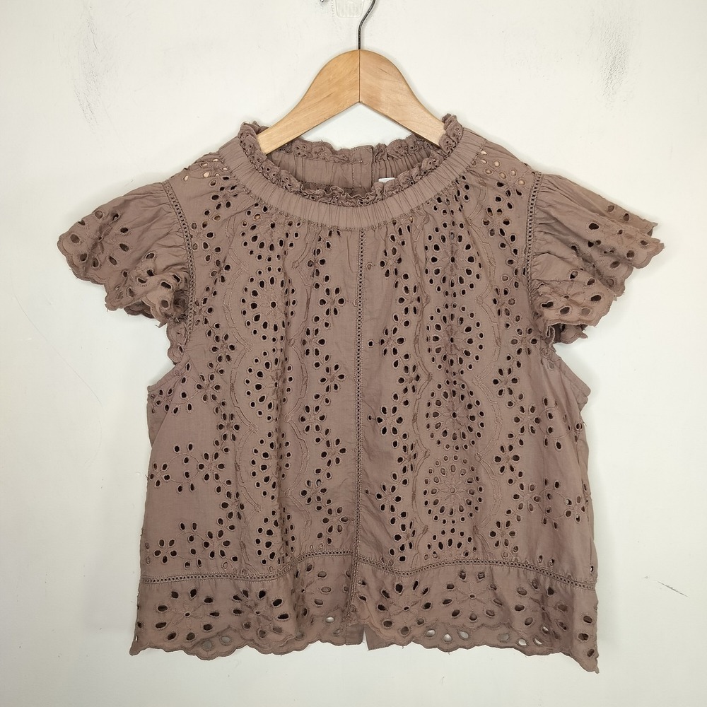 Eyelet Smocked Neck Short Sleeve Blouse - Taupe